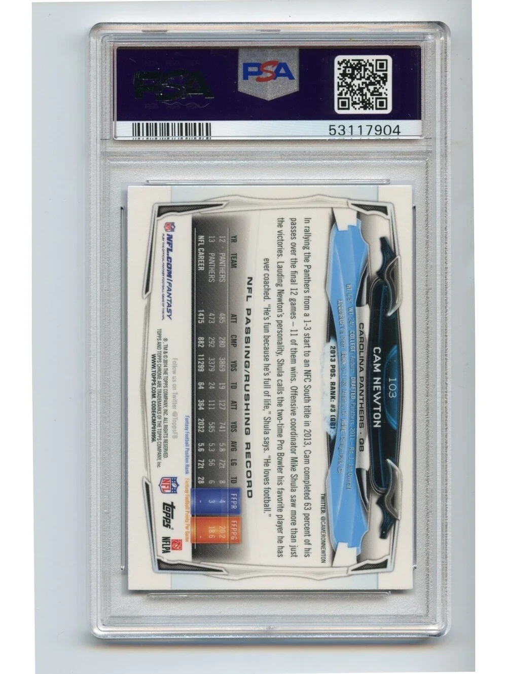 2014 Topps Chrome Cam Newton With ball #103 Purple Refractor PSA 9 Pop 2